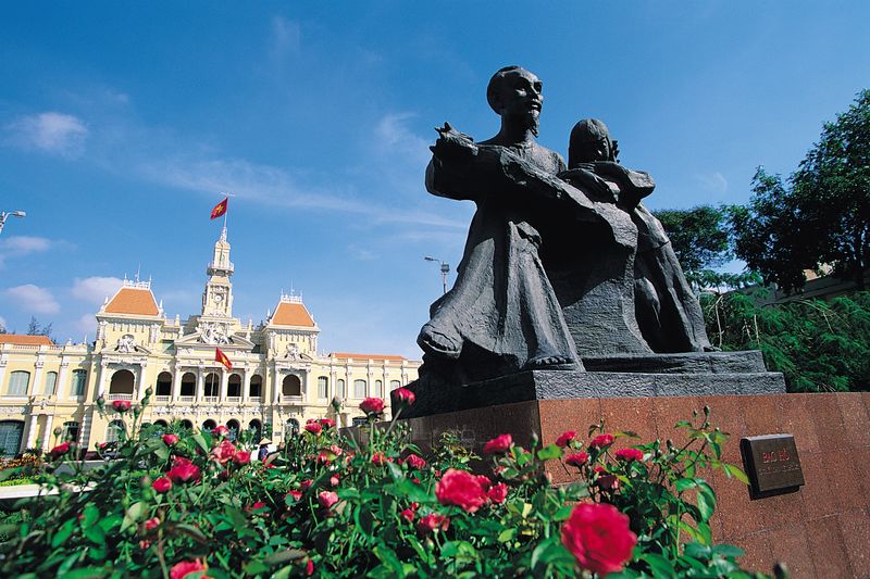 Sculptures at Ho Chi Minh City Hall symbolise the transformation of South Vietnam