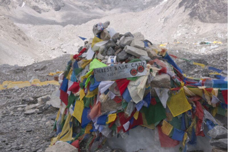 Prayer flags and a sign at the Everest Base Camp.