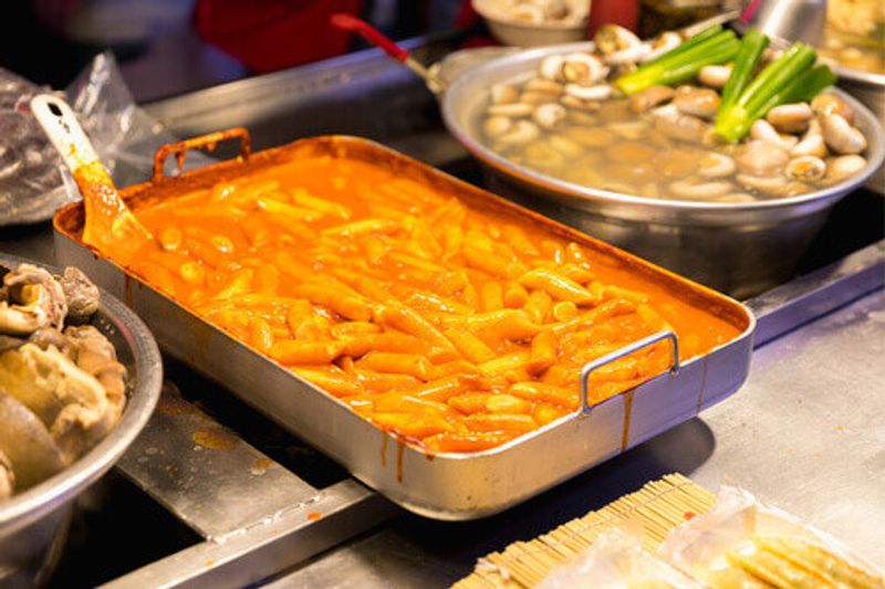 Tteokbokki, a popular Korean food sold on Myeongdong street in Seoul, South Korea.