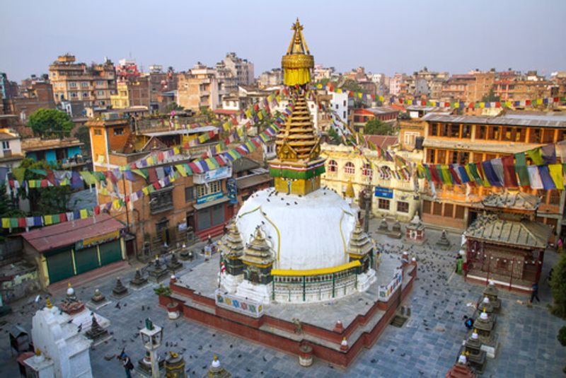The historic Kathesimbu Stupa in an aerial view.