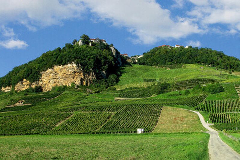 The home of the famous yellow wine in Chateau Chalon on top of the cliff in Departement Jura Franche Comte.