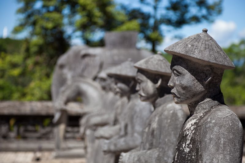 Stone soldier statues at Khai Dinh’s Mausoleum in Hue, a key city in South Vietnam's history during the Vietnam War