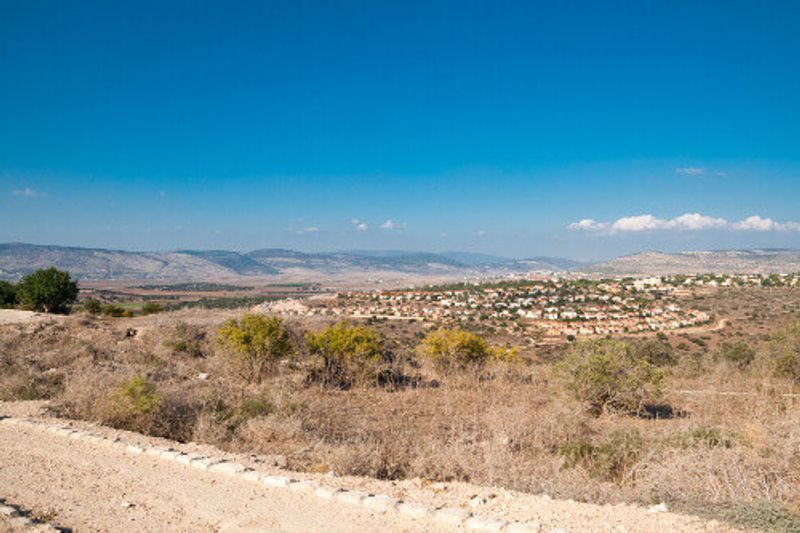 View of the Jesus Trail, with Cana and Beit Rimon in the background, at Zippori Archaeological National Park, Galilee, Israel.