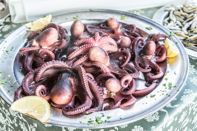 Octopus, commonly grilled or braised in wine, oil or vinegar.