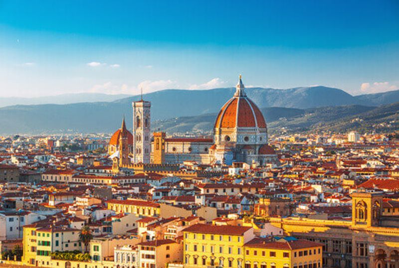 Beautiful view of the amazing city of Florence and the Renaissance Duomo Cathedral at sunrise.