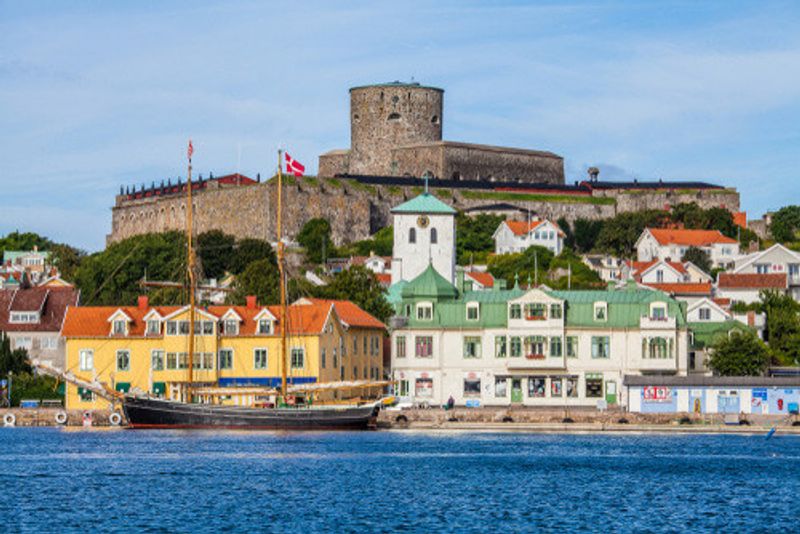 Boats come and go from Marstrand Harbour.