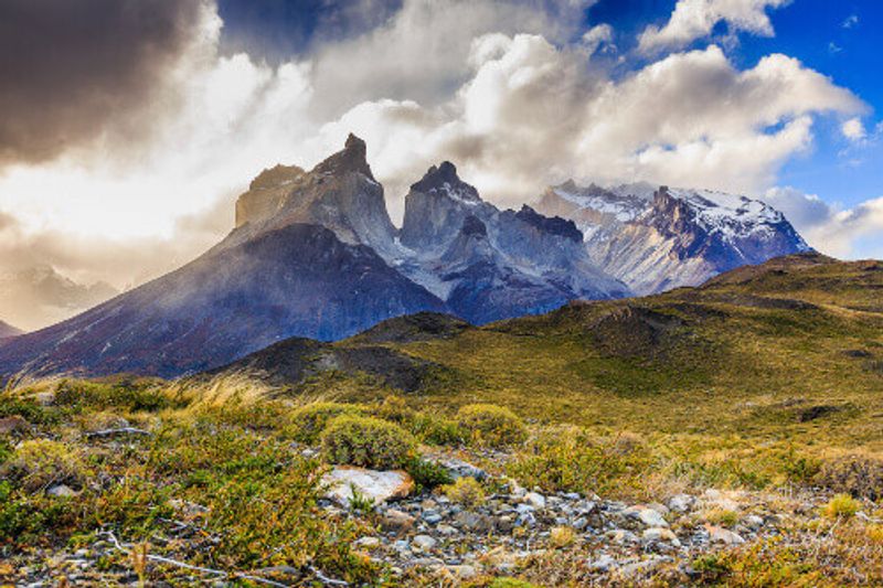 Steppes of Torres Del Paine National Park overlooking the horns of Paine in the background.