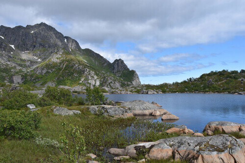 Summer scenery along the hiking path near Henningsvaer, Lofoten Islands.