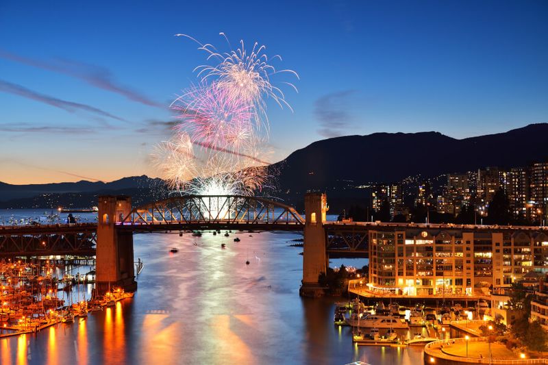 Festival fireworks at the English Bay with the Burrard Bridge in view for the Celebration of Lights.