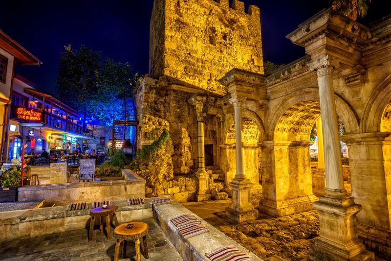 Hadrian's Gate is a popular tourist attraction with cafes and restaurants