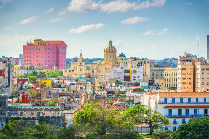 The skyline of downtown Havana with old Spanish colonial buildings intact.