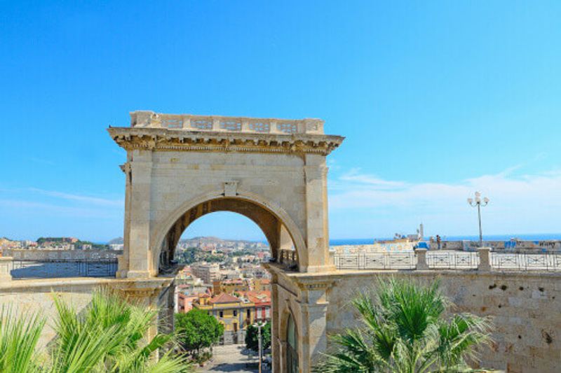 The Saint Remy Bastion under a blue sky in Cagliari.