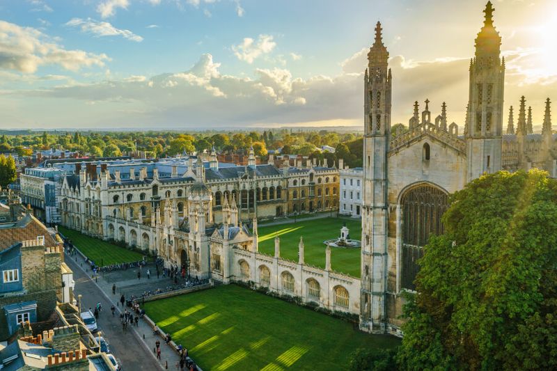 An aerial view of the Kings College Chapel at sunset.