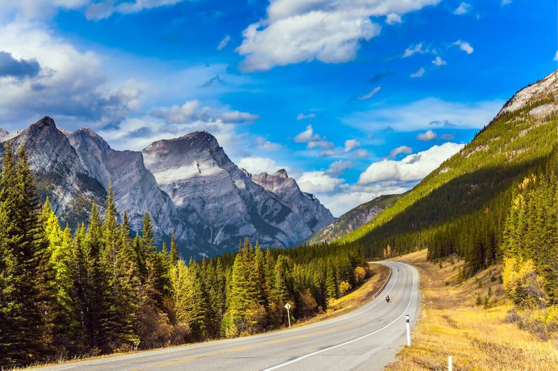 A street that stretches from Banff with the view of the Canadian Rocky mountains.