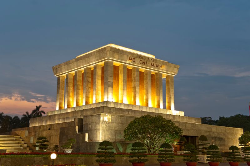 The Ho Chi Minh Mausoleum shines brightly at night in Hanoi, standing as a reminder of its revolutionary leader