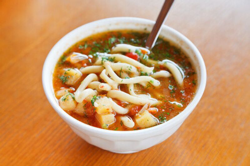 Crimean tatar cuisine called Laghman in a white bowl, a dish heavily inspired by Asian settlers in Kazan.