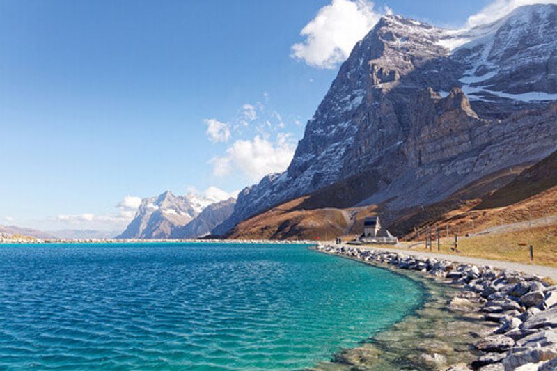 The view of  the Eiger Northface and Wetterhorn Massif from Fallboden station in the Jungfrau Region, Switzerland.