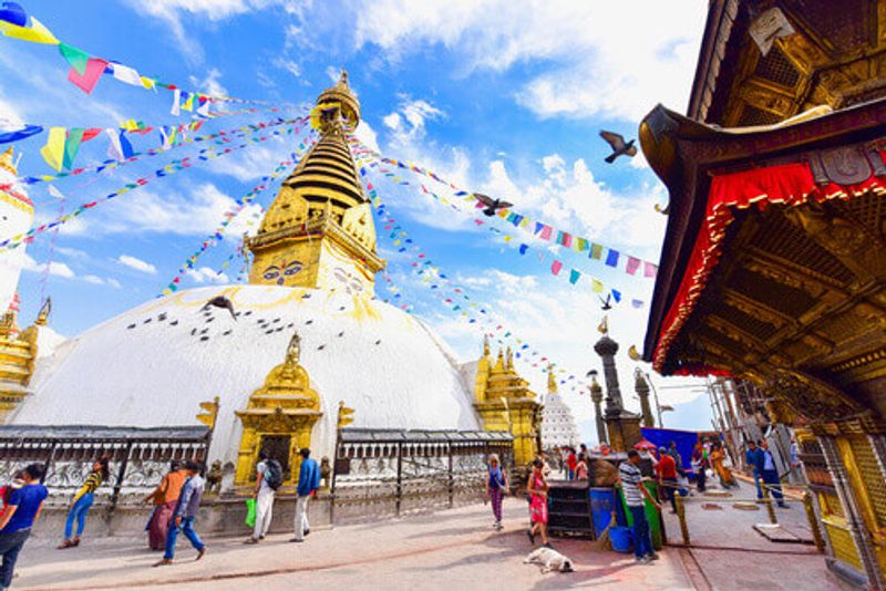 Traditional Nepali architecture of Swayambhunath Stupa or the Monkey Temple in Kathmandu, Nepal.