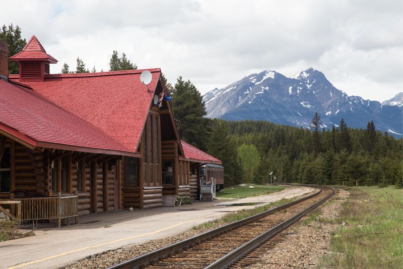 Lake Louise Railway Station with the famous Station Restaurant overlooking the Rocky Mountains.