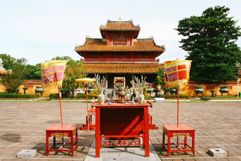 The worshiping altar and gate in front of The Mieu with Nine Dynastic Urns inside the Imperial City Complex in Hue, Vietnam.