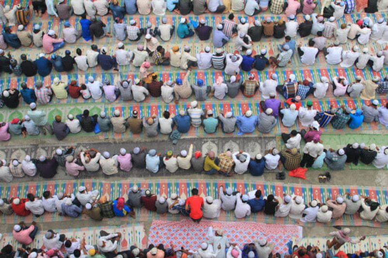 Lines of Nepali Muslims during Eid Prayers at the main Mosque of Kathmandu in Nepal.