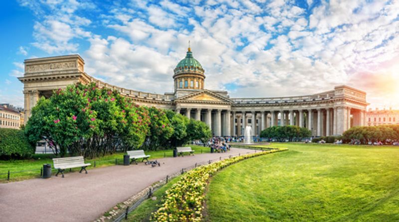 Locals and tourists both enjoy the views of Kazan Cathedral, St. Petersburg.
