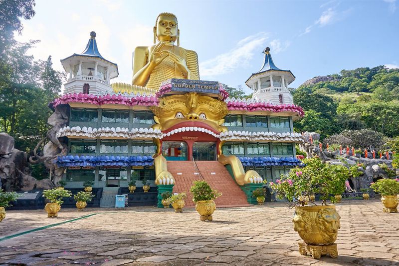 The morning view of The Golden Temple in Dambulla.