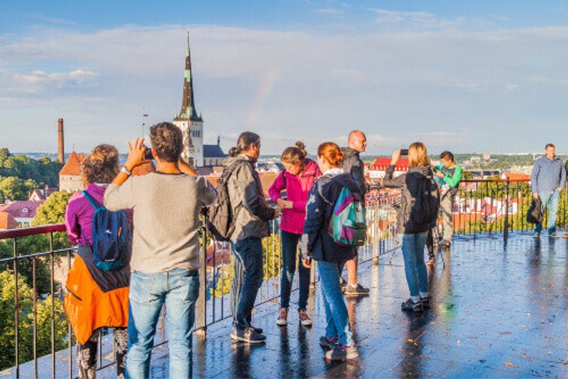 Tourists view the skyline of Tallinn from the Patkuli viewing platform.