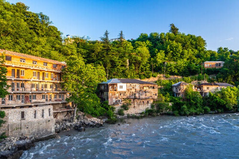 Morning scene at the bank of Rioni River in Georgian city of Kutaisi.