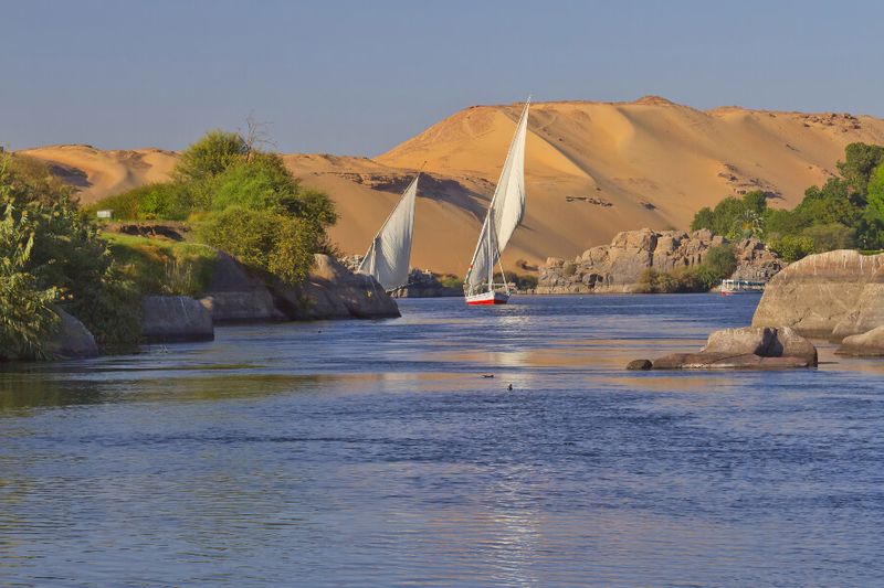 The Nile River in the morning features natural beauty and feluccas.