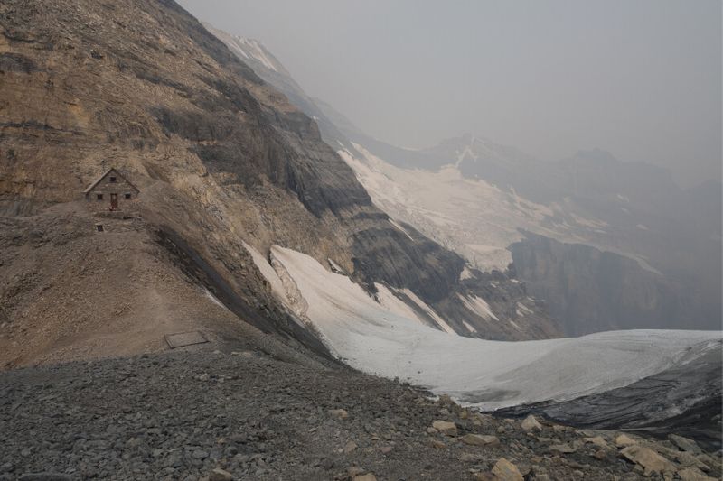 The Abbot Pass Hut sits on a ridge between Lake Louise and Lake Oesa.