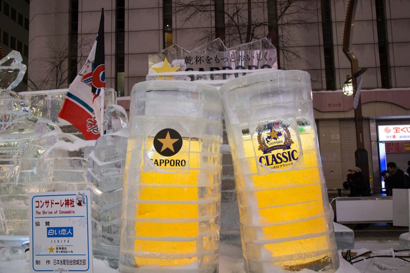 Ice sculptures depicting Sapporo Beer.