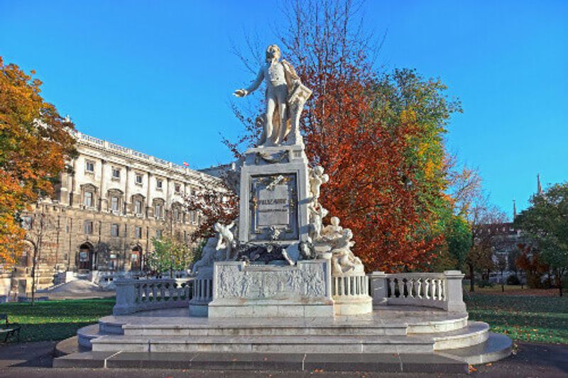 Mozart Statue and Museum of Ethnology in Burggarten, Vienna.