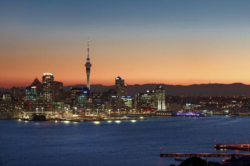 Auckland's skyline at sunset