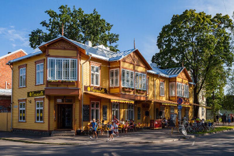 The colourful yellow exterior of a local restaurant in Parnu.