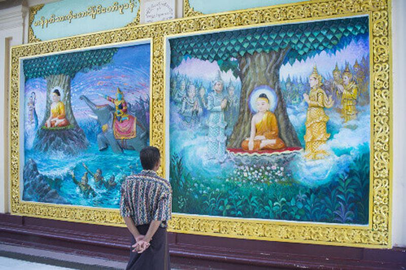 Buddhist paintings at the Shwedagon pagoda in Yangon.