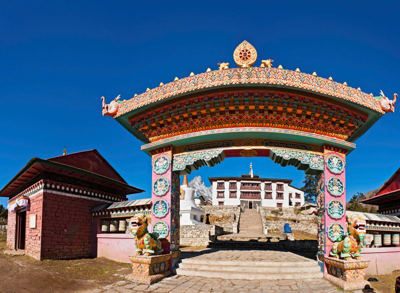 Tengboche Monastery gate framed by the majestic Khumbu Himalayas