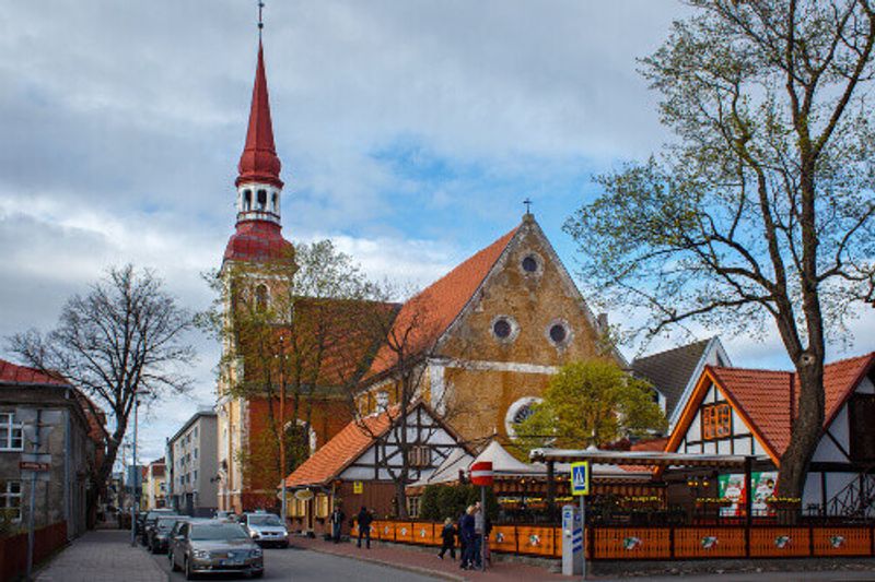 View of the old Lutheran Church of Elizabeth  and other buildings in historical centre of Parnu.