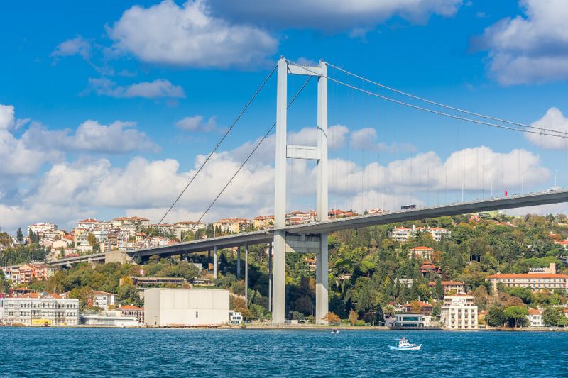 The Bosphorus Bridge against the background of the picturesque Bosphorus Strait.