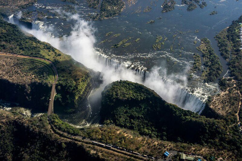 An aerial view of the Victoria Falls, one of the seven natural wonders and the largest waterfall on Earth.