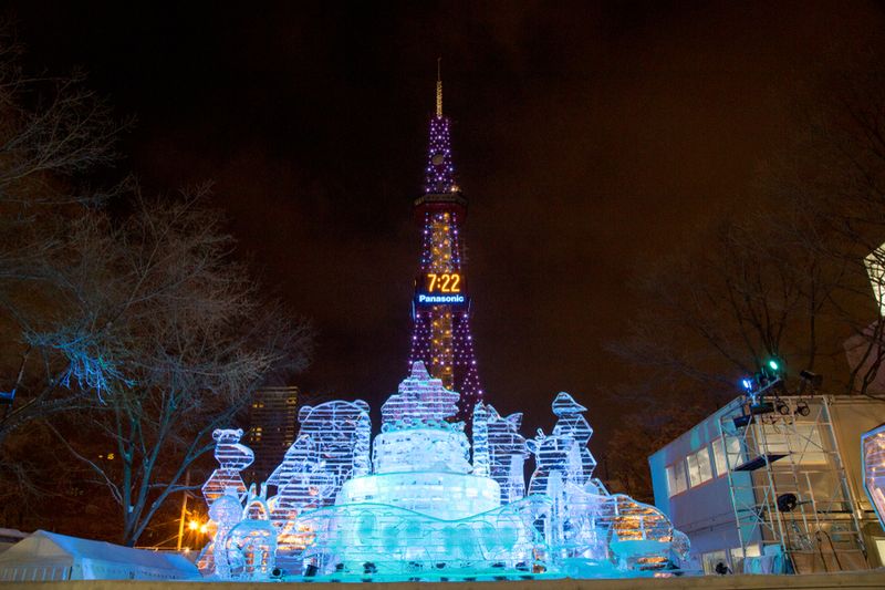 Odori Park sculptures during the Sapporo Snow Festival.