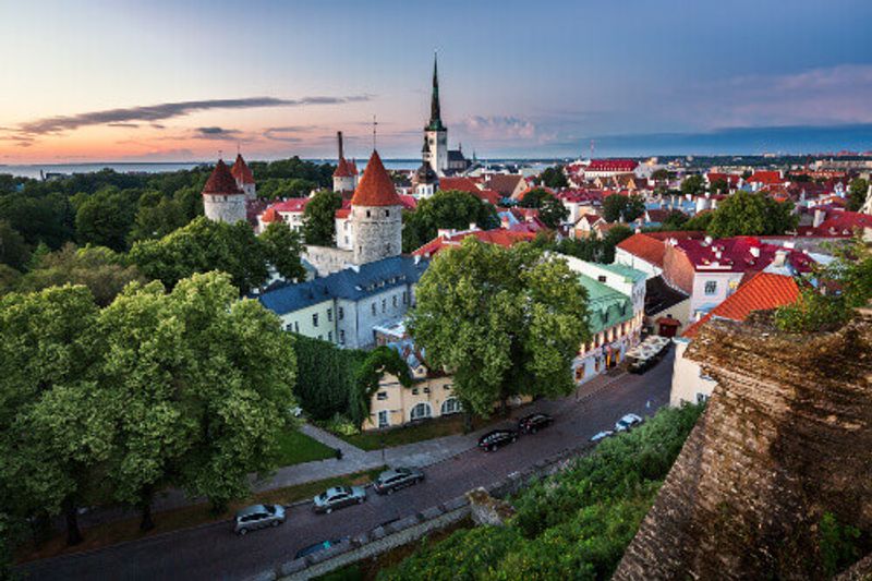 An aerial view of Tallin from Toompea Hill in the evening.