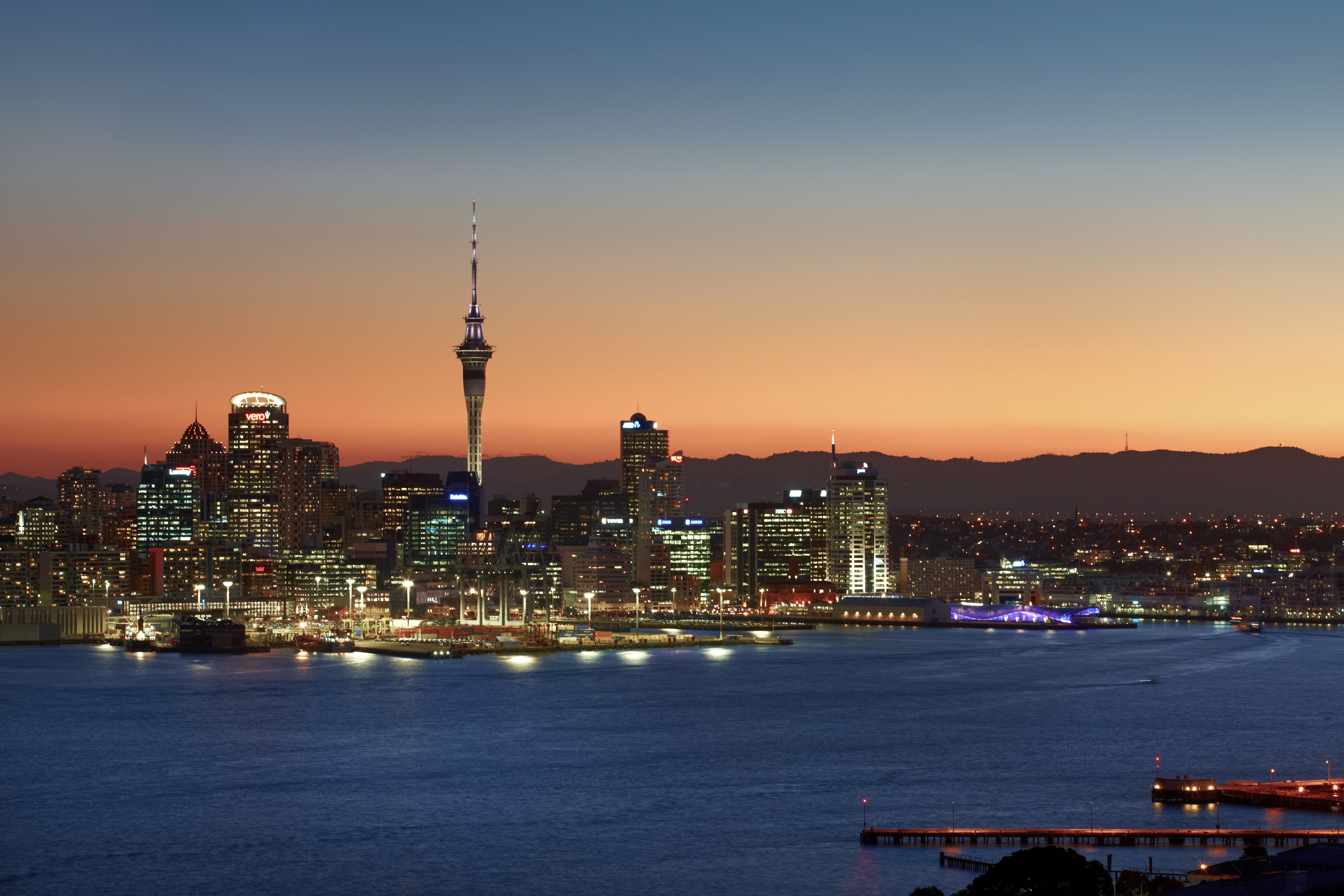 Auckland's skyline at sunset