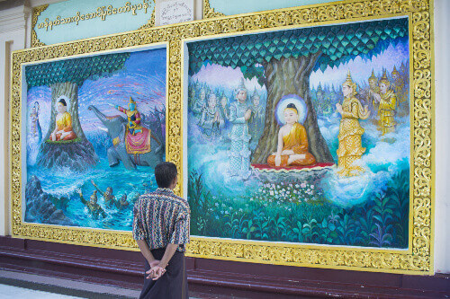 Buddhist paintings at the Shwedagon pagoda in Yangon.