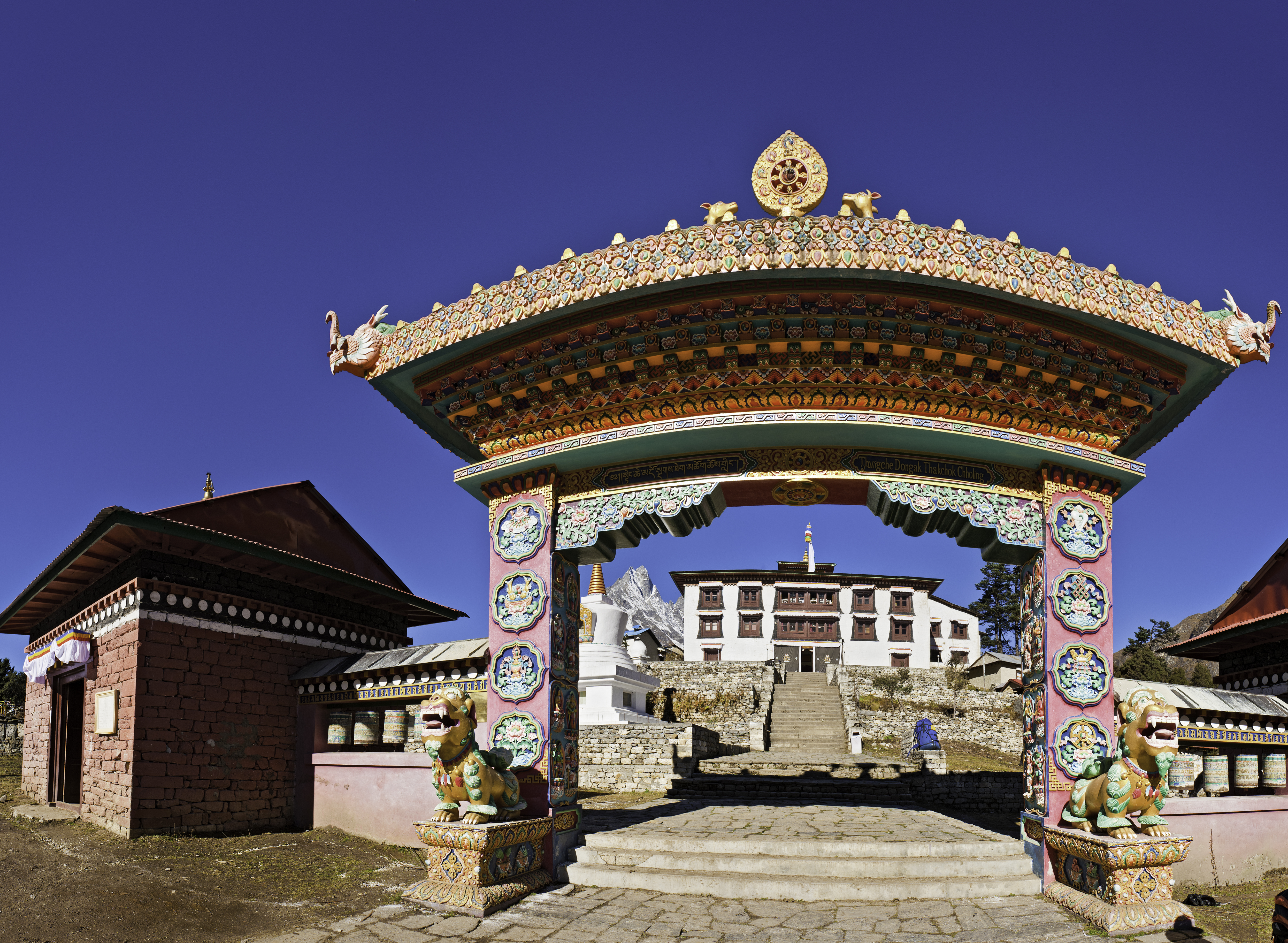 Tengboche Monastery gate framed by the majestic Khumbu Himalayas