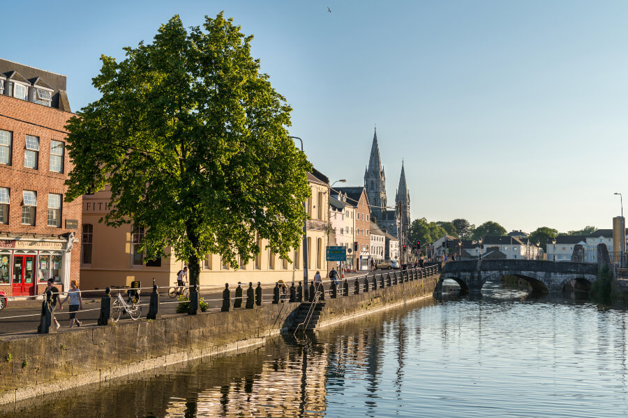 Sullivan Quay in the evening with Saint Fin Barres Cathedral in view.