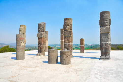 Atlantes, or columns topping the Pyramid of Quetzalcoatl in the ancient ruins of Tula de Allende.