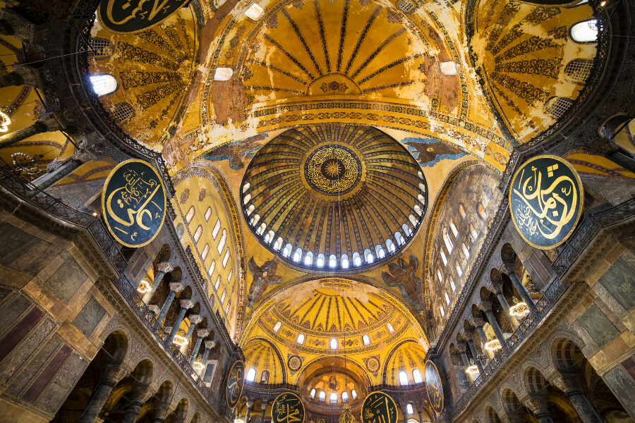The Hagia Sophia's ornamental ceiling is a sample of Byzantine architecture.